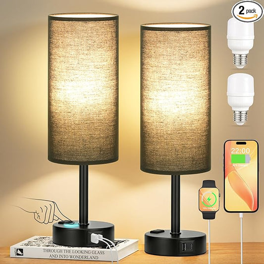 Black Touch Table Lamps Set - 3 Way Dimmable Bedroom Bedside Lamps Set of 2 with USB C and A Ports,Small Lamps for Nightstand with AC Outlet,Round Flaxen Shade for Desk,Office,Dorm,Nursery