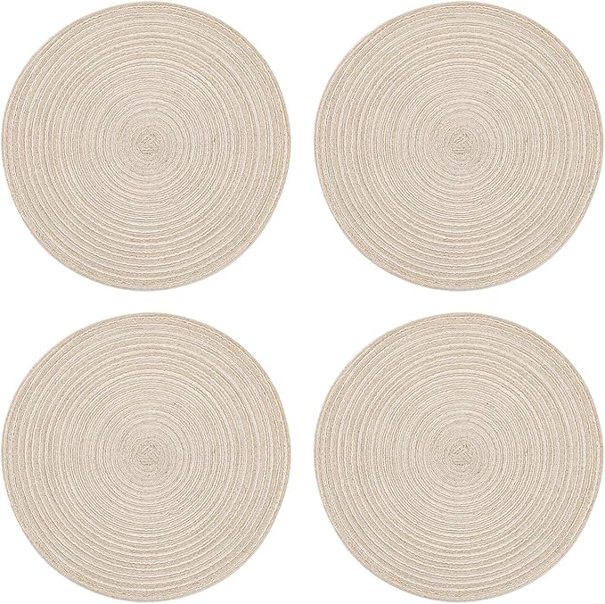 Topotdor 14 Inch Round Placemats Heat-Resistant Stain Resistant Anti-Skid Washable Polyproplene Table Mats Placemats (Beige, Set of 4)