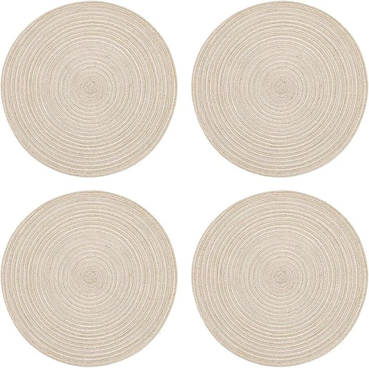Topotdor 14 Inch Round Placemats Heat-Resistant Stain Resistant Anti-Skid Washable Polyproplene Table Mats Placemats (Beige, Set of 4)