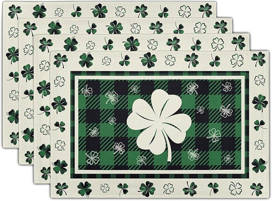 Giwawa Lucky Clover Placemats Set of 4 for Kitchen Dining, St Patricks Day Shamrocks Buffalo Plaids Washable Linen Place Table Mat 12x18 Inches for Tabletop Holiday Party Picnic Decor