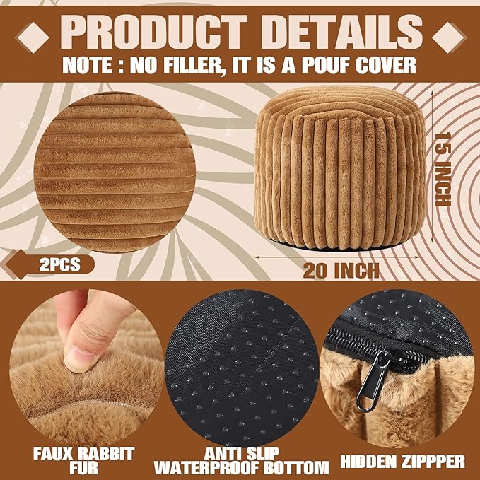 2 Pcs 20 x 15 Inch Unstuffed Pouf Cover Ottoman Foot Rest - No Filler, Faux Rabbit Fur Foot Stool Floor Bean Bag Floor Chair Storage for Living Room Bedroom Home Decor(Brown)