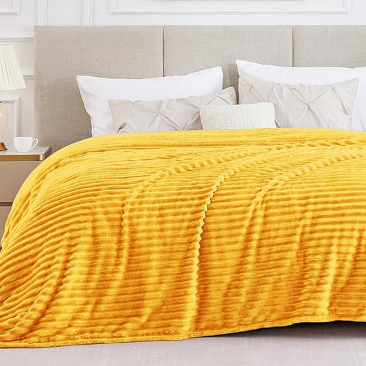 BEDELITE Blankets Queen Size for Bed, 300GSM Soft & Warm Fleece Blanket, Decorative and Giftable Striped Light Yellow Blankets for Women, Men, 90"x90"