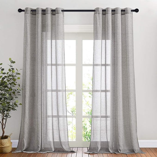 NICETOWN Linen Curtains Charcoal Grey for Cold Wind, Grommet Casual Flax Semi Sheer Window Drapes with Light Filtering for Farmhouse/Living Room, W52 x L90, Set of 2