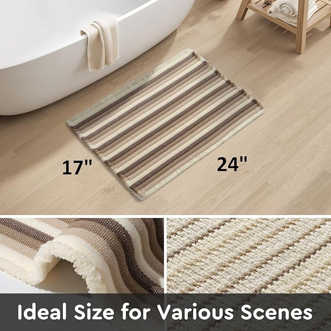 tchdio Striped Bath Mat Rug, Super Absorbent Non Slip Bath Mats for Bathroom Floor 3D Woven Gradient Bathroom Mat with Tassels Machine Washable Bathroom Rugs Beside Tub, 17" x 24", Brown
