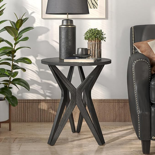 LONYKE Pedestal Farmhouse End Table, Distressed Top with Tripod Base Bedside Table for Living Room, Modern, Boho Decor, Round (1 Pack, Distressed Black)