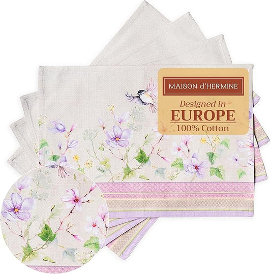 Maison d' Hermine Placemats Set of 4 100% Cotton Washable Cloth Place Mats, Reusable Table Mats for Kitchen Dining Decoration, Party, Wedding, Restaurant Spring/Summer (Magnolia Mornings, 13" x 19")