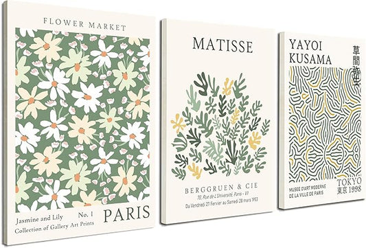 Induslyfe Framed Green Wall Art Canvas Decor Set of 3, Matisse Wall Art Framed Prints Posters Mid Century Modern Art, Aesthetic Floral Botanical wall art for bedroom, living room bathroom 12x16
