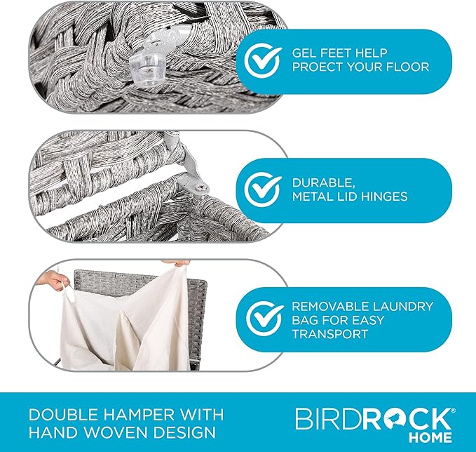 BIRDROCK HOME Laundry Hamper with Lid - Hand Woven PE Rattan Divided Sorter with Removable Liner Bags - Large Collapsible & Foldable Bin Clothes Basket Organizer for Bedroom & Bathroom - Double, Grey