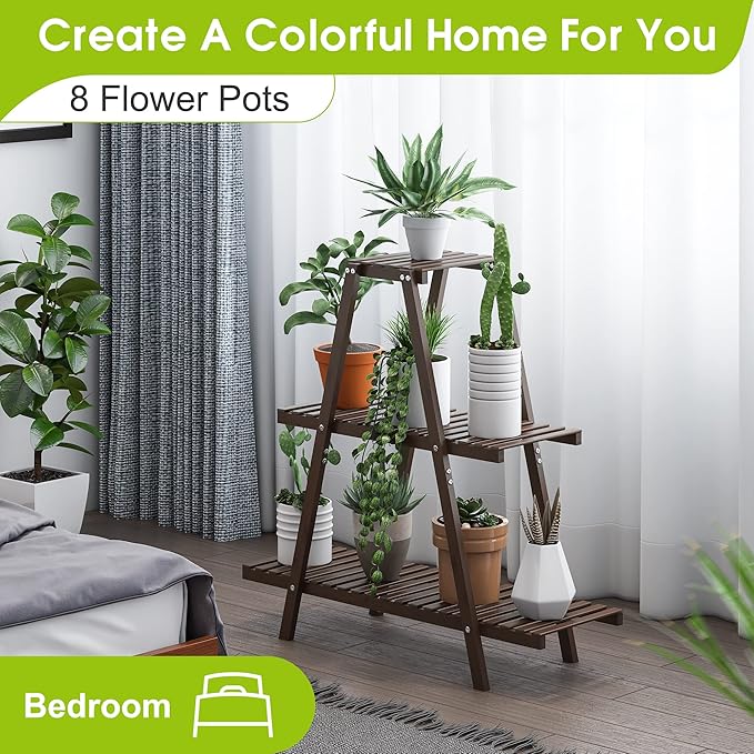 BMOSU Plant Stand Bamboo for Indoor Outdoor Tiered Plant Shelf 8 Potted Flower Holder Ladder Rack Garden Balcony Living Room Patio(3 Tier Brown)