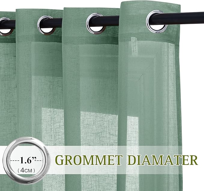 NICETOWN Linen Blend Flax Semi Sheer Window Curtains, Grommet Vertical Drapes Privacy with Light Through for Bedroom/Living Room, Olive Green, W52 x L72, 2 Pieces