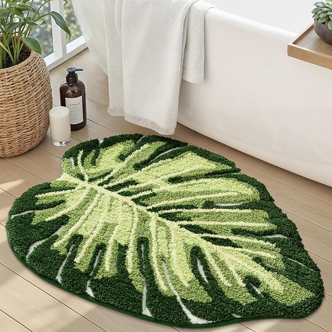 LUMI Cute Bathroom Rugs with Green Leaf Plant, Soft, Fluffy, Plush, Absorbent, Quick Dry, Non Slip, Machine Washable for Shower Floor, Bathroom, Bedroom,Kids Room, 23.5"x31.5", Monstera