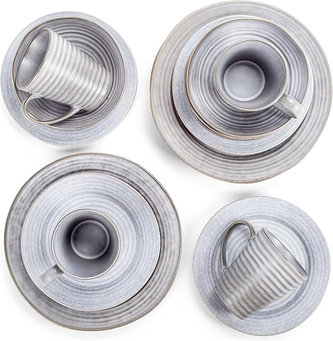 Elanze Designs Charming Chic Ribbed Modern Thrown Pottery Look Ceramic Stoneware Plate Platter Mug & Bowl Kitchen Dish Dinnerware 16 Piece Set - Service for 4, Slate Grey
