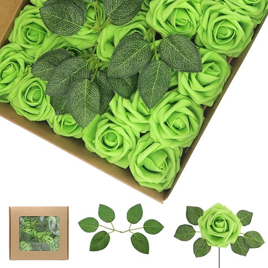100Pcs Green Artificial Flowers Roses Real Looking Foam Fake Roses with Leaves for DIY Wedding Bouquets Bridal Shower Centerpieces Party Decorations (Green, 100)