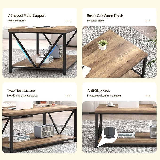 FOLUBAN Coffee Table with Storage Shelf, Modern Industrial Metal and Wood Living Room Table, Small Rectangle Cocktail Tea Table for Bedroom Home Office, Rustic Oak, 39.3 Inch