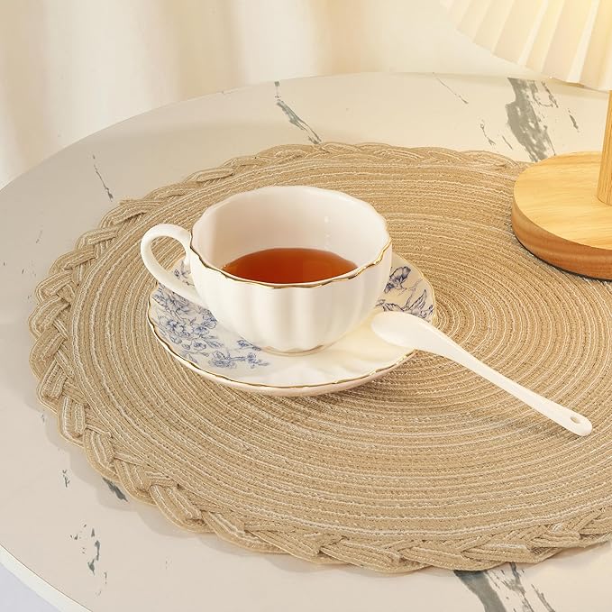 fanquare Round Woven Placemats with Braided Lace Edge 4 Pack Heat Resistant Non Slip Table Mats for Kitchen 15 Inch Cotton Blend Rustic Placemat