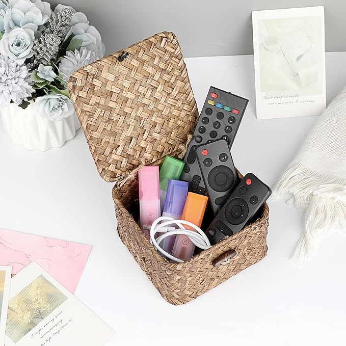 Hipiwe Seagrass Basket with Lid Wicker Storage Basket Square Handwoven Decorative Baskets Box for Shelf Multipurpose Household Baskets Home Decor,X-small