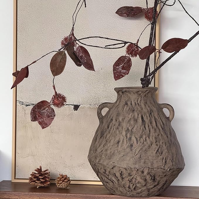 Ceramic Rustic Farmhouse Flower Vase with 2 Handles, 10.6 Inch Tan Brown Vintage Clay Terracotta Pottery Texture Handmade Vase,Wabi Sabi Home Living Room Table Decor,Gift for Women Girls