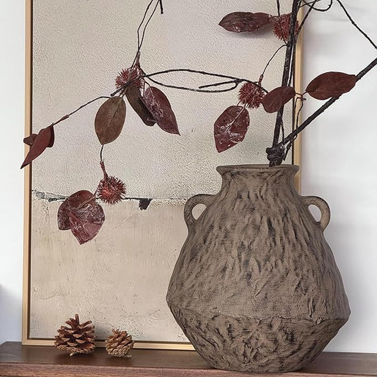 Ceramic Rustic Farmhouse Flower Vase with 2 Handles, 10.6 Inch Tan Brown Vintage Clay Terracotta Pottery Texture Handmade Vase,Wabi Sabi Home Living Room Table Decor,Gift for Women Girls
