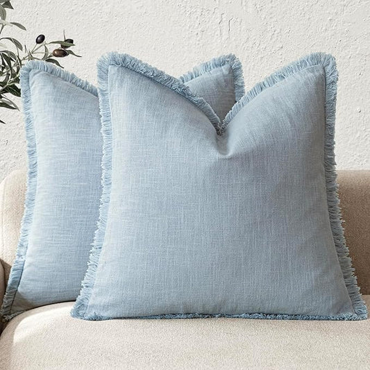 Foindtower Set of 2 Decorative Linen Fringe Throw Pillow Covers Boho Farmhouse Cushion Cover with Tassels Soft Accent Pillowcase for Couch Chair Sofa Bed Living Room Home Decor,18×18 Inch,Sky Blue