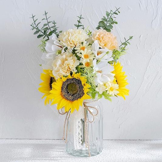 LUEUR Fake Flowers Artificial Sunflowers with Vase, Faux Silk Carnation,Daisy Flowers for Home Office Decorations, Kitchen Dining Table Decor, Farmhouse Centerpiece Table Decoration