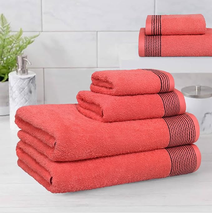 Belizzi Home 100% Cotton Ultra Soft 6 Pack Towel Set, Contains 2 Bath Towels 28x55 inchs, 2 Hand Towels 16x24 inchs & 2 Washcloths 12x12 inchs, Compact Lightweight & Highly Absorbant - Coral Orange