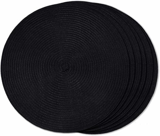 FunWheat Round Braided Placemats Set of 6 Place mats for Dining Tables Woven Heat Resistant Table Mats 15 inch (Black,6pcs)