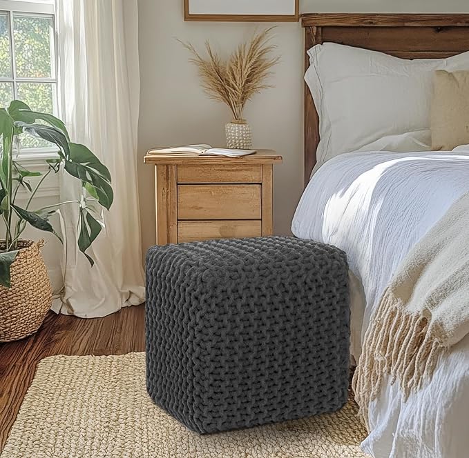COTTON CRAFT Braided Cube Pouf - Hand Knitted Cotton Cord Cable Dori Ottoman - Foot Stool - Floor Pouf - Footrest - Portable Lightweight Accent Seat - Living Room Bedroom Dorm - 15 x 15 Square - Grey