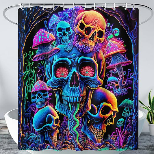 AILONEN Mushroom Skull Shower Curtain for Bathroom,Purple Mushroom Skull Bath Curtain,Fantasy Fairy Skull Skeleton Decoration Bathroom Waterproof Shower Curtain with 12 Plastic Hooks, 72" W*78" H