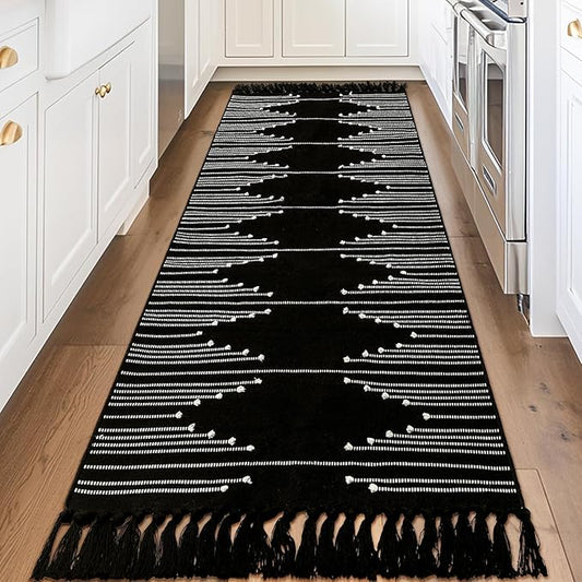 Tritard Boho Hallway Runner Rug 2x8 - Washable Area Rug Farmhouse Aztec Cotton Long Thin Rugs with Tassels Kitchen Bathroom Lightweight Woven Low Pile Carpet for Entryway, Bedroom, Black and White