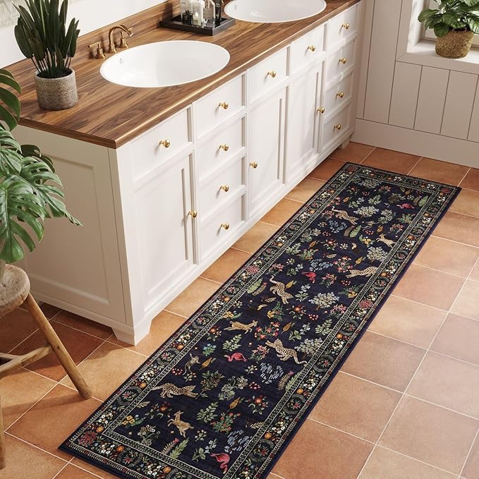 Runner Rug for Kitchen Rug Non Slip 2'6''x8' Washable Rugs with Rubber Backing Soft Floral Animal Carpet Runner for Kitchen, Laundry, Bedroom, Bathroom (Blue)