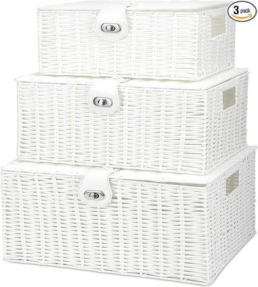 Honygebia White Wicker Storage Baskets - Set of 3 Decorative Nesting Boxes with Lids, Woven Basket with Lock & Handle, Organizer for Beauty Makeup Bathroom Decor