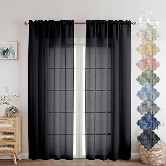 Aiyufeng Black Sheer Curtains, 72 inches Long 2 Panels, Fresh Textured Semi Sheer Linen Breathable Elegant Door Curtains & Drapes for Farmhouse/Living Room/Kitchen, 40Wx72L inch