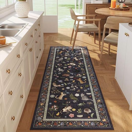 Runner Rug for Kitchen Non Slip 2'6''x8' Washable Rugs with Rubber Backing Soft Floral Animal Cat Carpet Runner for Kitchen Laundry Bedroom Bathroom, Cobalt Blue