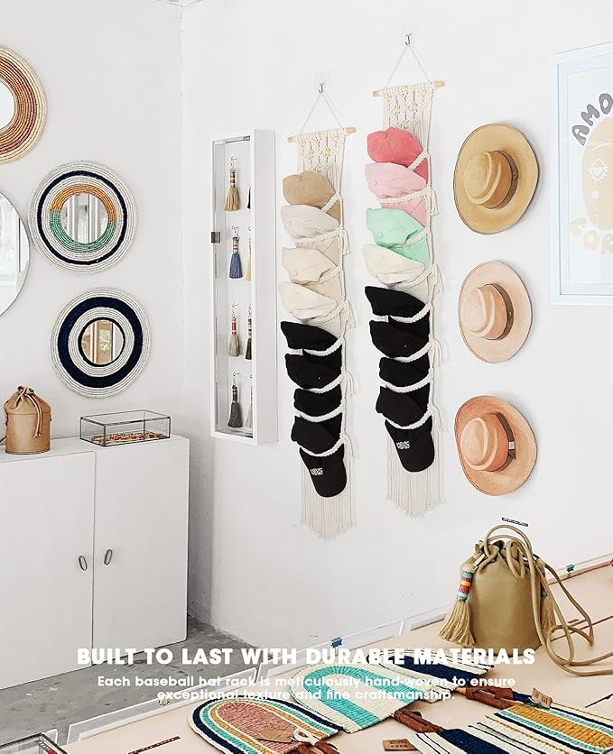 AceList 2-Pack Organizer for Baseball Caps, Macrame Hat Hangers for Wall and Door, Boho Hat Rack with Macrame Wall Decor - Effortless Storage and Display of Hats (Up to 32 Caps)