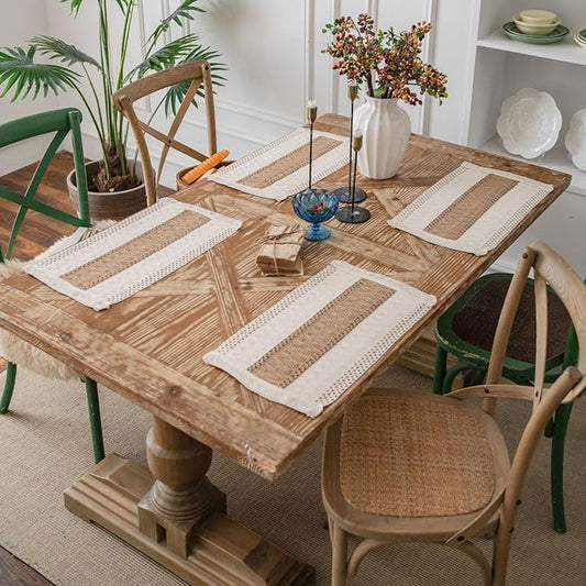 Boho Placemats Set of 4, Burlap Place Mats for Kitchen Table 12x19 Inches, Splicing Woven Rectangular Table Mats, Farmhouse Style Fall Table Decor for Rustic Wedding Bridal Shower