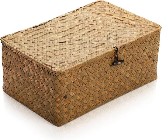 Yesland Handwoven Seagrass Rattan Storage Basket - 11.5'' x 7.5'' x 5'' - Brown Rectangular Makeup Organizer Container with Lid, Perfect for Decoration, Picnic, Groceries and Toy Storage
