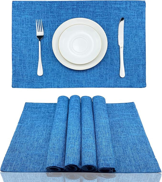 Weabetfu Cloth Placemats Set of 4 Heat Resistant Dining Table Placemmats Cotton Linen Machine Washable Kitchen Table Mats Wrinkle Free Thick Fabric Place Mats,Easy to Clean,13" x 19" Blue