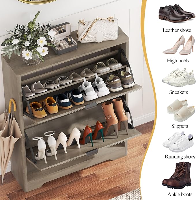 Shoe Cabinet Storage for Entryway with 2 Flip Drawers, Grey Fluted Shoe Cabinet with Open Storage, Wooden Hidden Shoe Rack Freestanding Narrow Slim Shoes Organizer for Hallway, Entrance