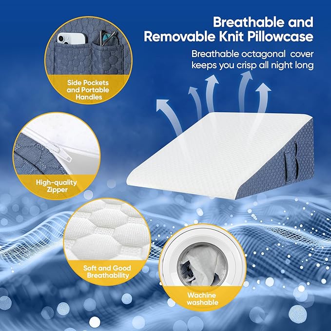 Wedge Pillow with Extra Replaceable Washable Covers, 2024 New 12'' Bed Wedge Pillow for Sleep Apnea, Acid Reflux, Heartburn, GERD, Cooling Memory Foam Top Incline Pillow for Improved Sleep