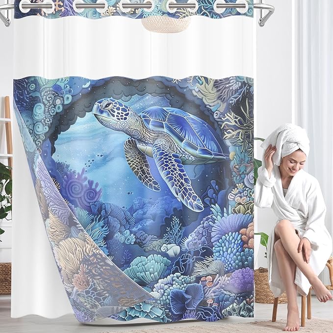 Turtle Navy Blue No Hook Shower Curtain with Snap in Liner, Sea Shells Coral Bath Curtain with Double Layers Waterproof Fabric and Mesh Top Window 71x74 Inch