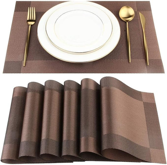 DACHUI Heat-Resistant Placemats Stain Resistant Anti-Skid Washable PVC Table Mats Woven Vinyl Placemats (4pcs, Brown-Cross)