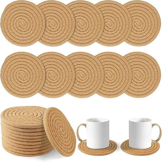 Vivinin 10 Boho Cotton Coasters - Absorbent Coasters for Drinks, Brown Set for Room Decor, Bar, Housewarming Gift, 4.3"