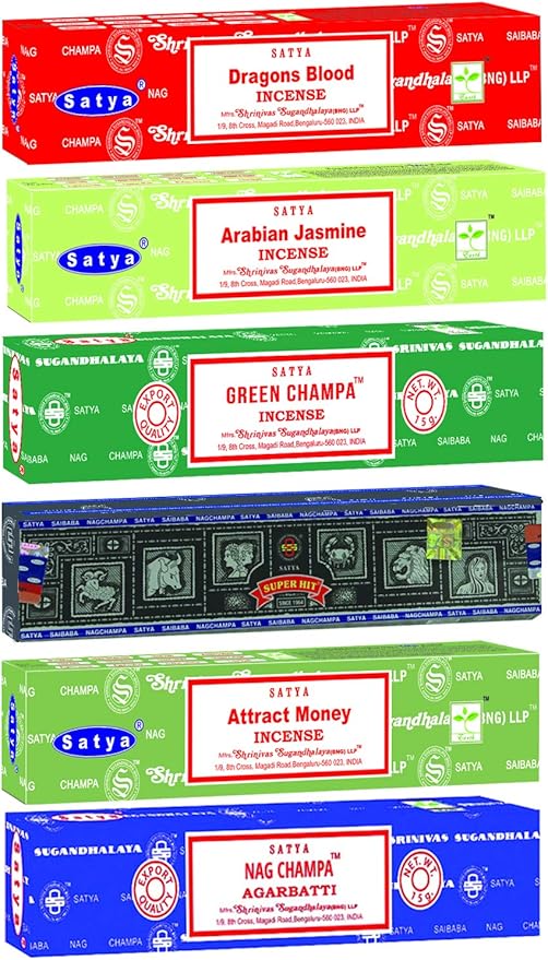 Satya Incense Sticks Gift Set, 7 Scents, Nag Champa, Super Hit, Dragon's Blood, Sandalwood, Patchouli, Lavender, Positive Vibes, 15g Each (Relaxation Mix)