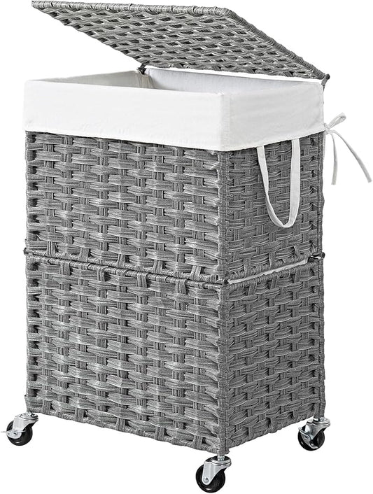 Chrislley 90L Slim Laundry Hamper with Wheels,Rolling Laundry Basket with Lid and Renovable Liner Bag,Handwoven Rattan Organizer for bedroom, bathroom, laundry room (Grey)
