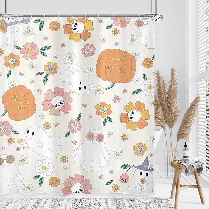 Halloween 70s Skull Pumpkin Shower Curtain 60Wx72L Inch Cute Retro Ghost 60s Hippie Groovy Holiday Flower Bathroom Set Accessories Decor Polyester Waterproof with 12 Pack Hooks