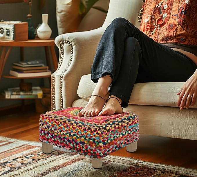 COTTON CRAFT Multi Chindi Footrest - Braided Cotton Rag Rug Foot Stool Ottoman with Sturdy Wood Legs – Handmade Boho Leg Rest - Small Spaces Under Desk Living Room Entryway Low Footstool - 16.5x12x9.5