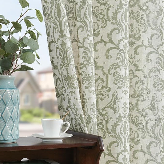 jinchan Curtains for Bedroom, Light Filtering 96 Inch Length 2 Panels Set, Baroque Style Linen Blend Drapes Living Room, Vintage Damask Window Treatments, Grommet Top Sage Green on Flax, W52 X L96