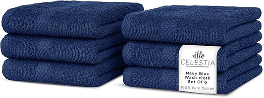 100% Cotton Wash Cloth for face & Body Set of 6, (12 x 12 inches) Sustainable, Soft, Highly Absorbent, Combed Cotton Wash Cloths Pack of 6 for Hotels, Spa, Bathroom, Dorm, Navy Blue