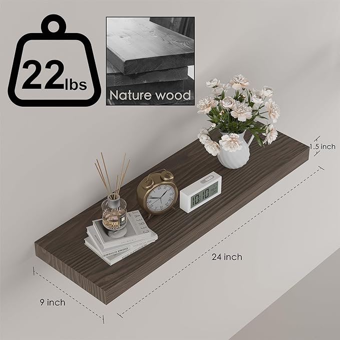 Floating Shelves for Wall - 24 x 9 Inch Natural Wood Shelves for Bathroom, Bedroom, Kitchen Decor, Farmhouse Decor Set of 2, Rustic Brown