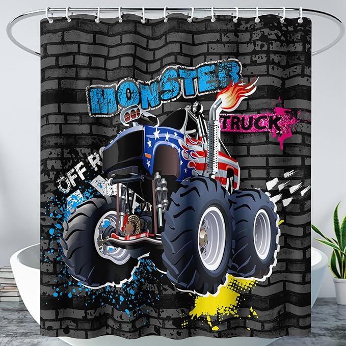 AILONEN Monster Truck Shower Curtain, Black Retro 3D Printed Truck Bath Curtain for Boys,Red Blue Truck Car Bathroom Decor Waterproof Fabric 72" W*72" H Inch with 12 Plastic Hooks